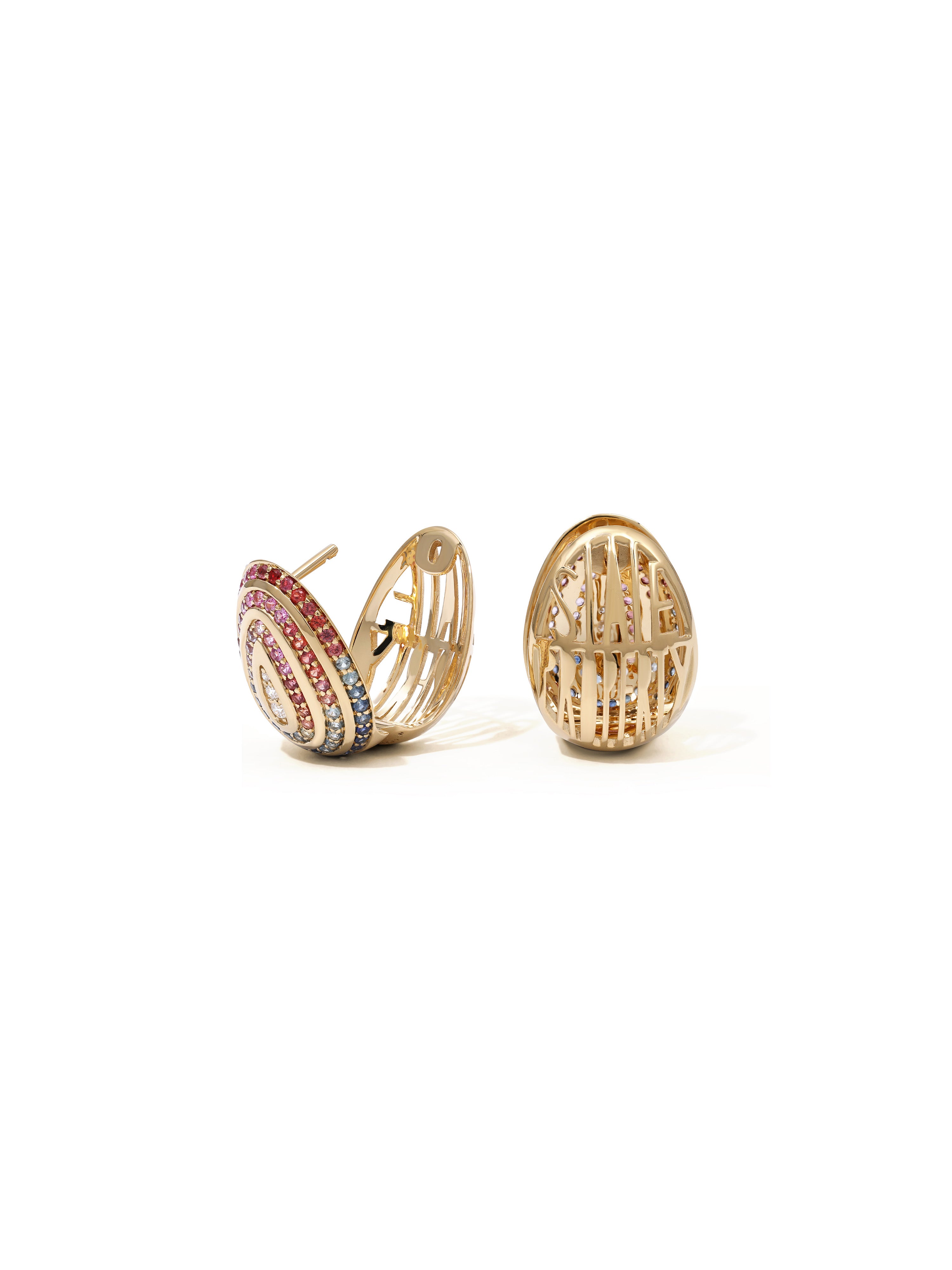 Cosmic Egg Confetti Orbit Earrings in 18K yellow gold with confetti sapphires and diamonds, State Property The Story of Everything collection, detail view
