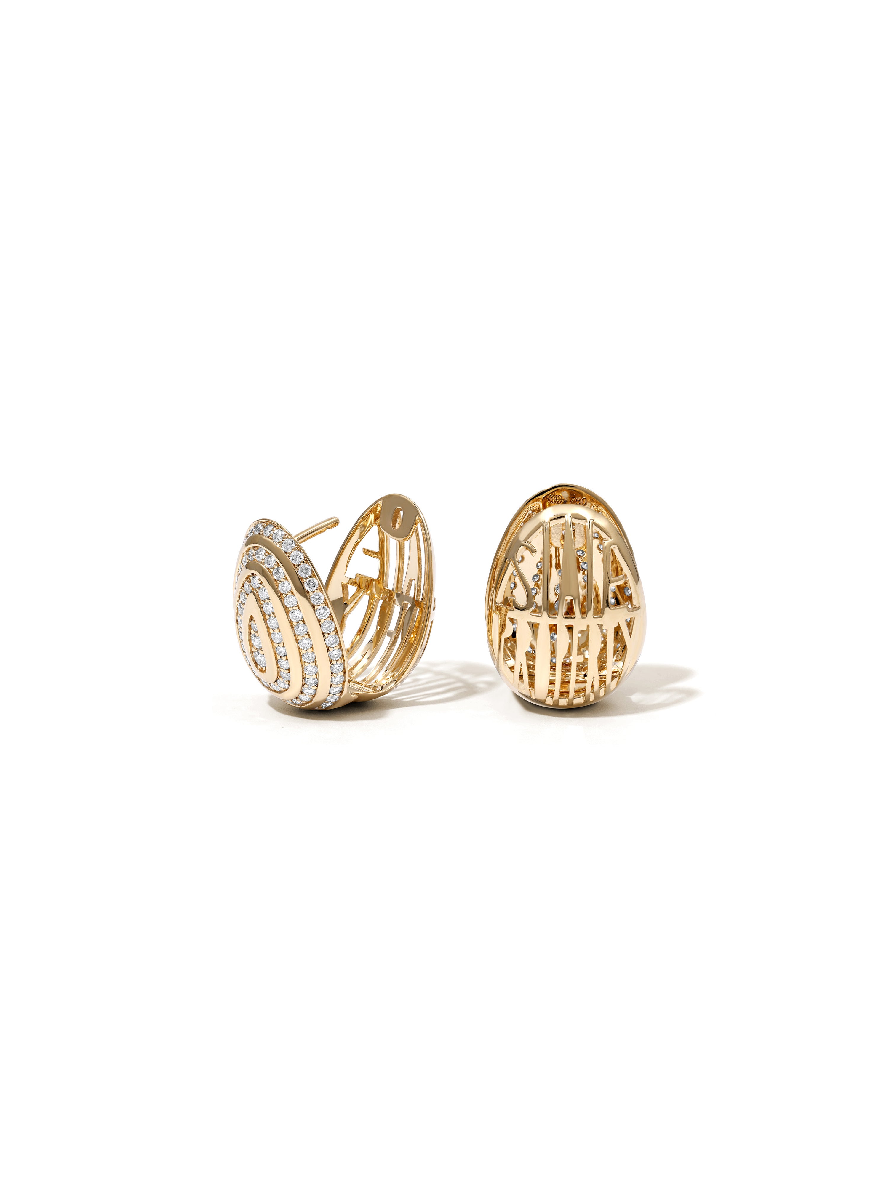 Cosmic Egg Diamond Orbit Earrings in 18K yellow gold with pavé diamonds, State Property The Story of Everything collection, detail view