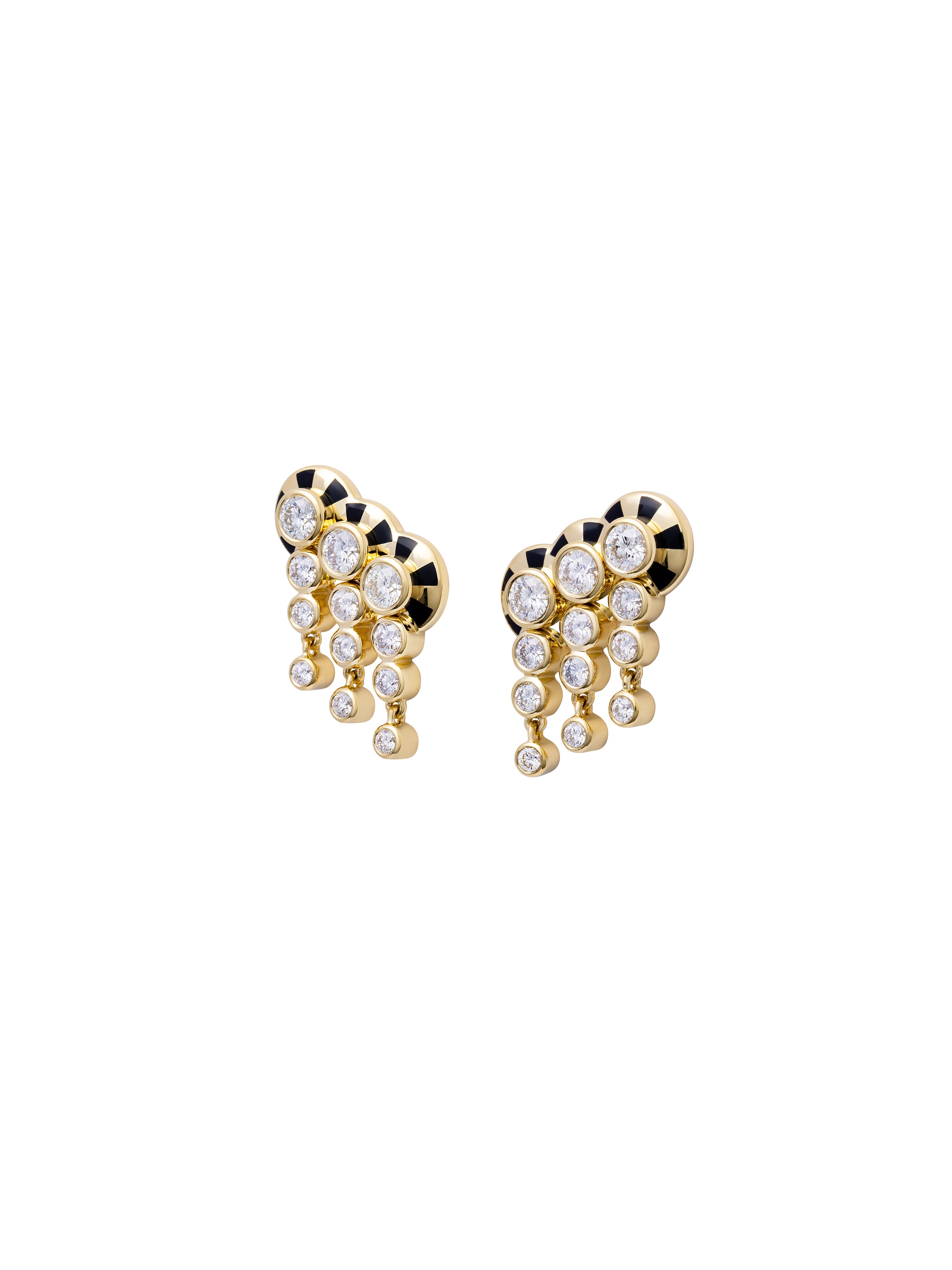 Lorenz Triplet Jet Black Fringe Earrings in 18K yellow gold with diamonds and jet black enamel, State Property Voyager collection, alternate view