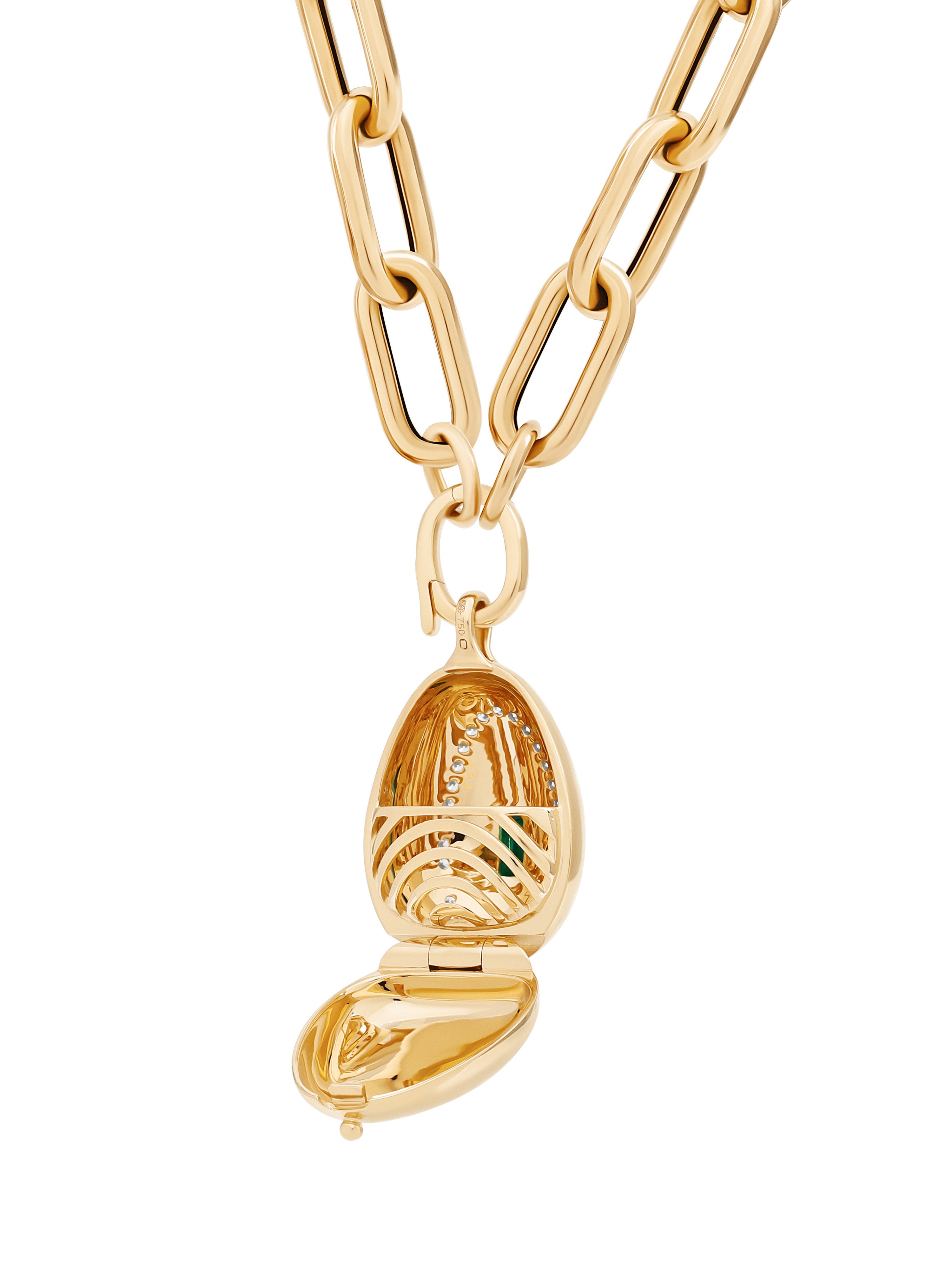 Cosmic Egg Enchantress Locket Pendant in 18K yellow gold with an emerald-cut emerald on a paperclip chain, State Property The Story of Everything collection