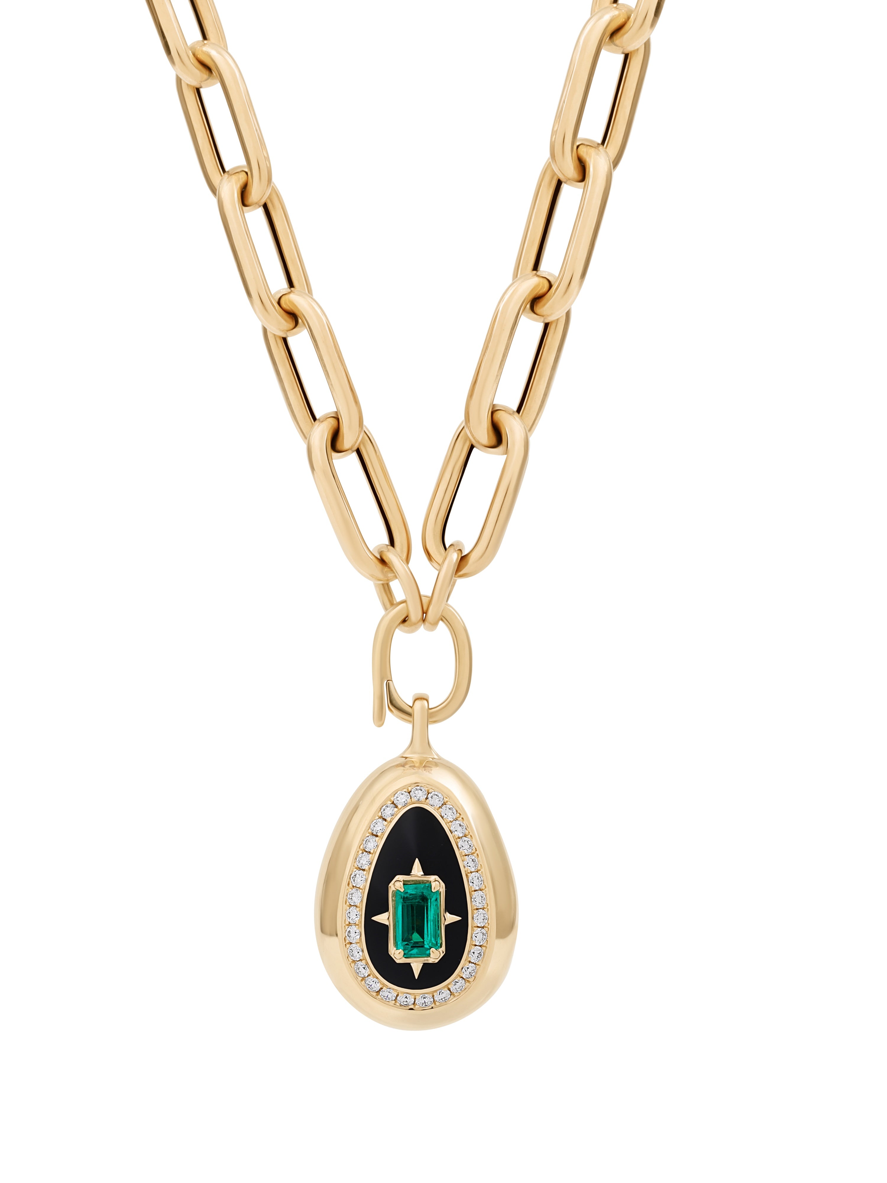 Cosmic Egg Enchantress Locket Pendant with an emerald-cut centre emerald and jet black enamel, State Property The Story of Everything collection