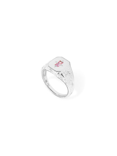 Spade Warisan Minor Pink Sapphire Signet Ring in 18K white gold with baguette-cut pink sapphire, additional view, State Property Warisan collection
