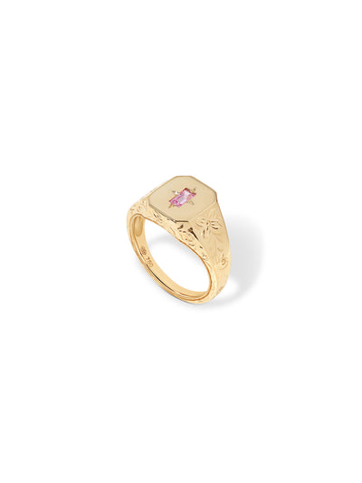 Spade Warisan Minor Pink Sapphire Signet Ring in 18K yellow gold with baguette-cut pink sapphire, State Property Warisan collection