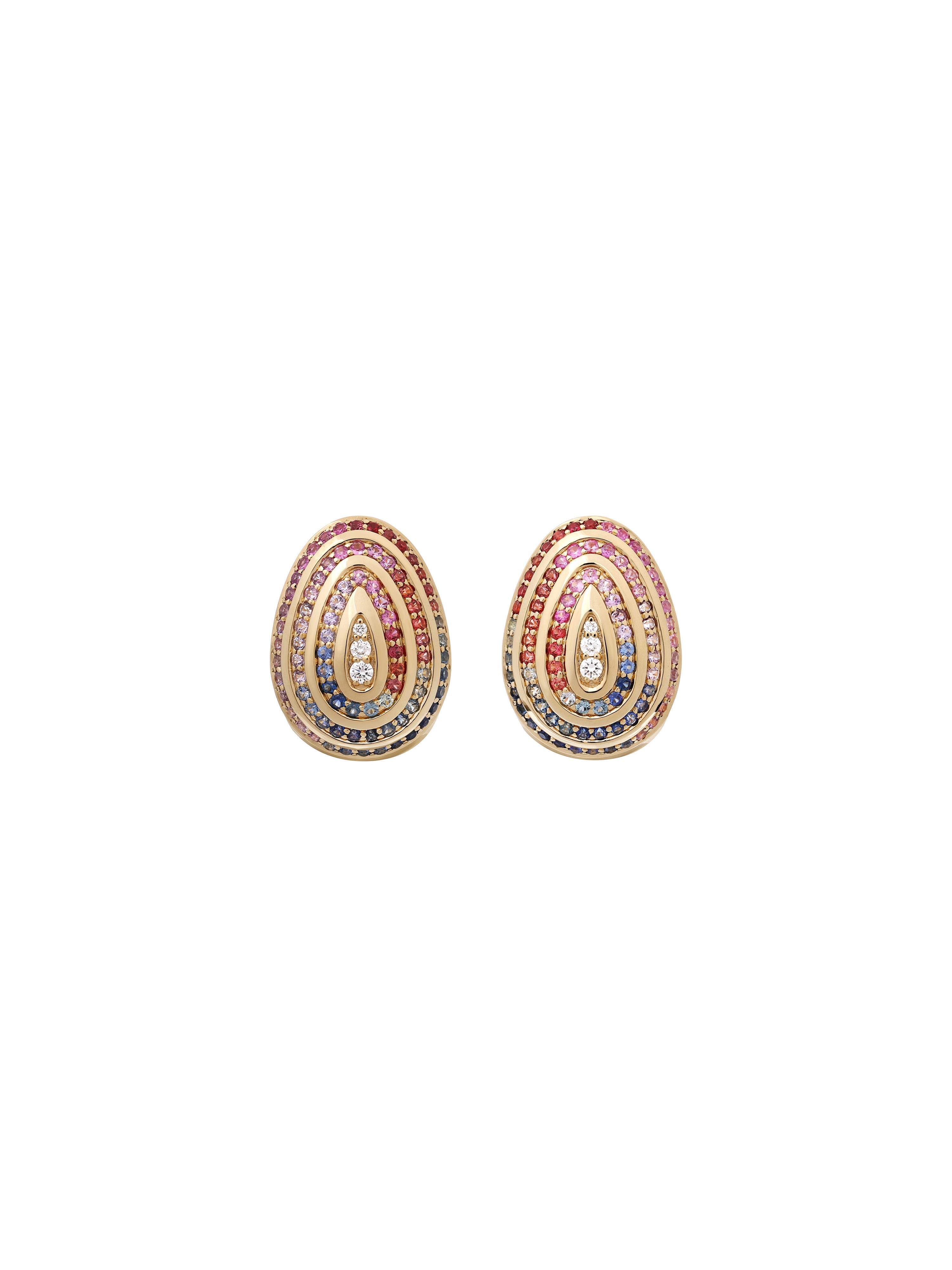Cosmic Egg Confetti Orbit Earrings in 18K yellow gold with confetti sapphires and diamonds, State Property The Story of Everything collection