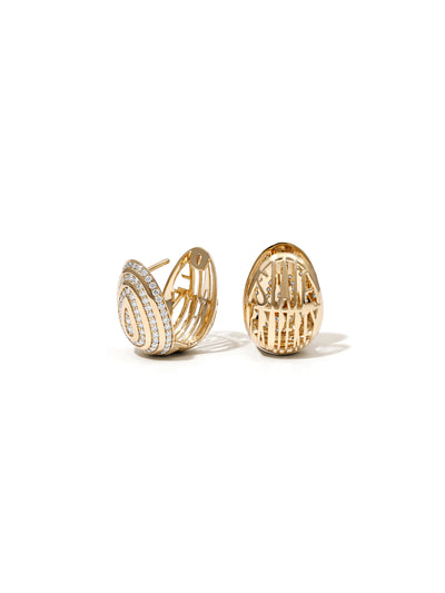 Cosmic Egg Diamond Orbit Earrings in 18K yellow gold with pavé diamonds, State Property The Story of Everything collection, detail view
