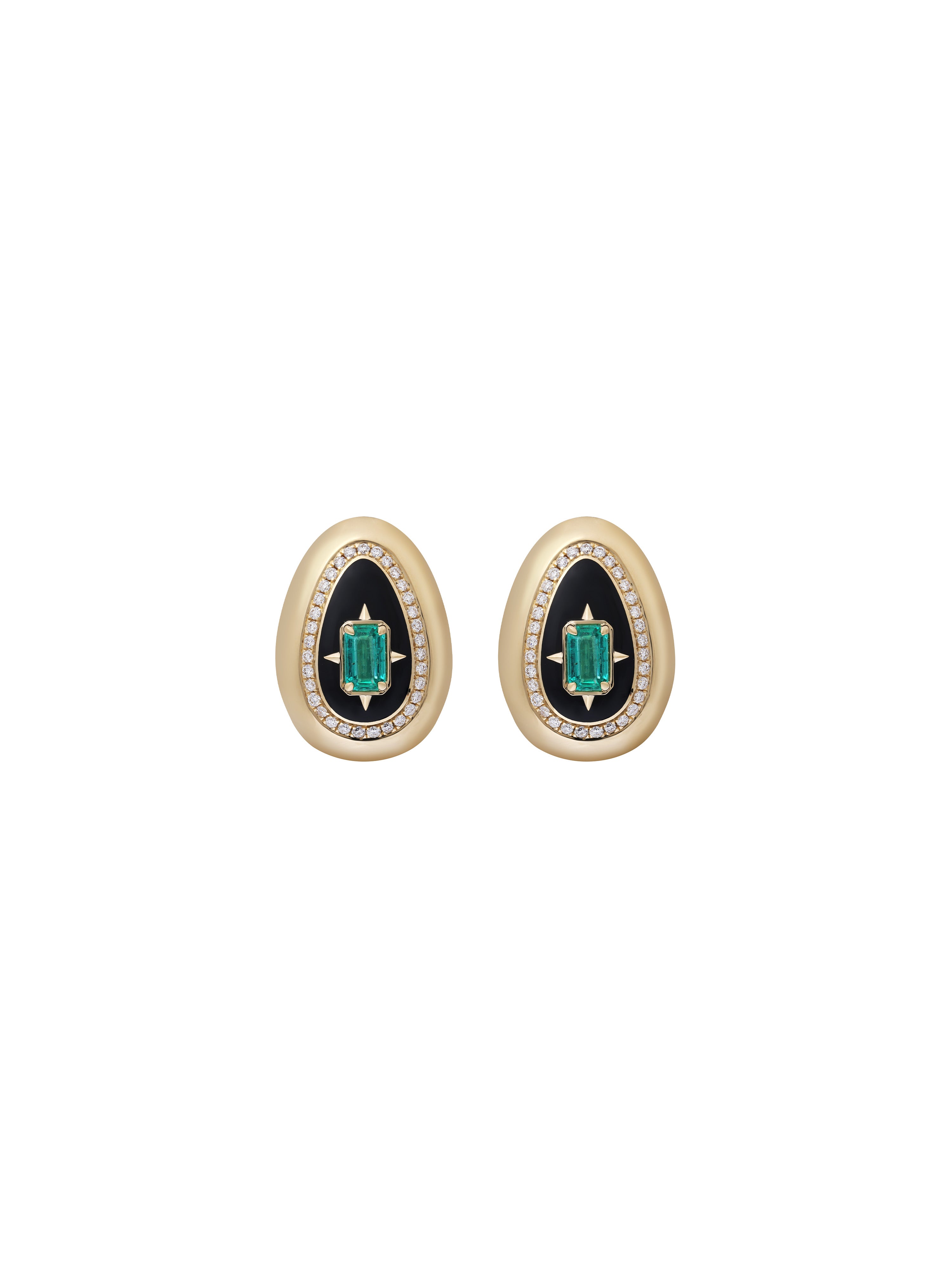 Cosmic Egg Enchantress Earrings in 18K yellow gold with a centre emerald, pavé diamonds and jet black enamel, State Property The Story of Everything collection