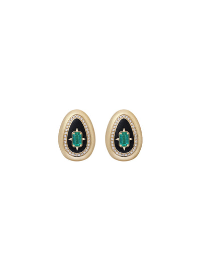 Cosmic Egg Enchantress Earrings in 18K yellow gold with a centre emerald, pavé diamonds and jet black enamel, State Property The Story of Everything collection