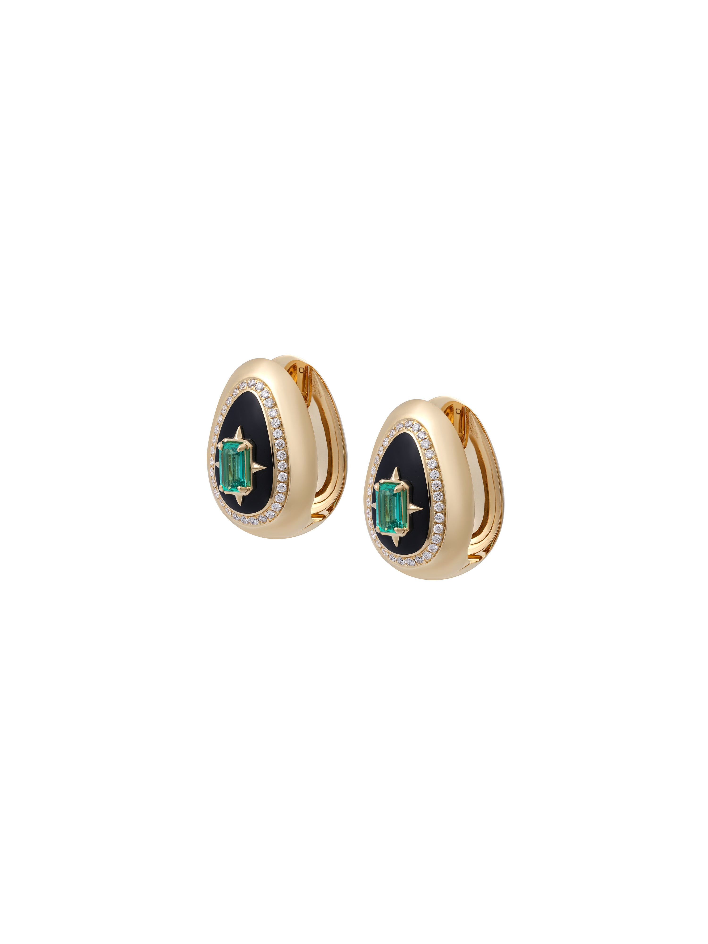Cosmic Egg Enchantress Earrings in 18K yellow gold with a centre emerald and jet black enamel, State Property The Story of Everything collection, alternate view