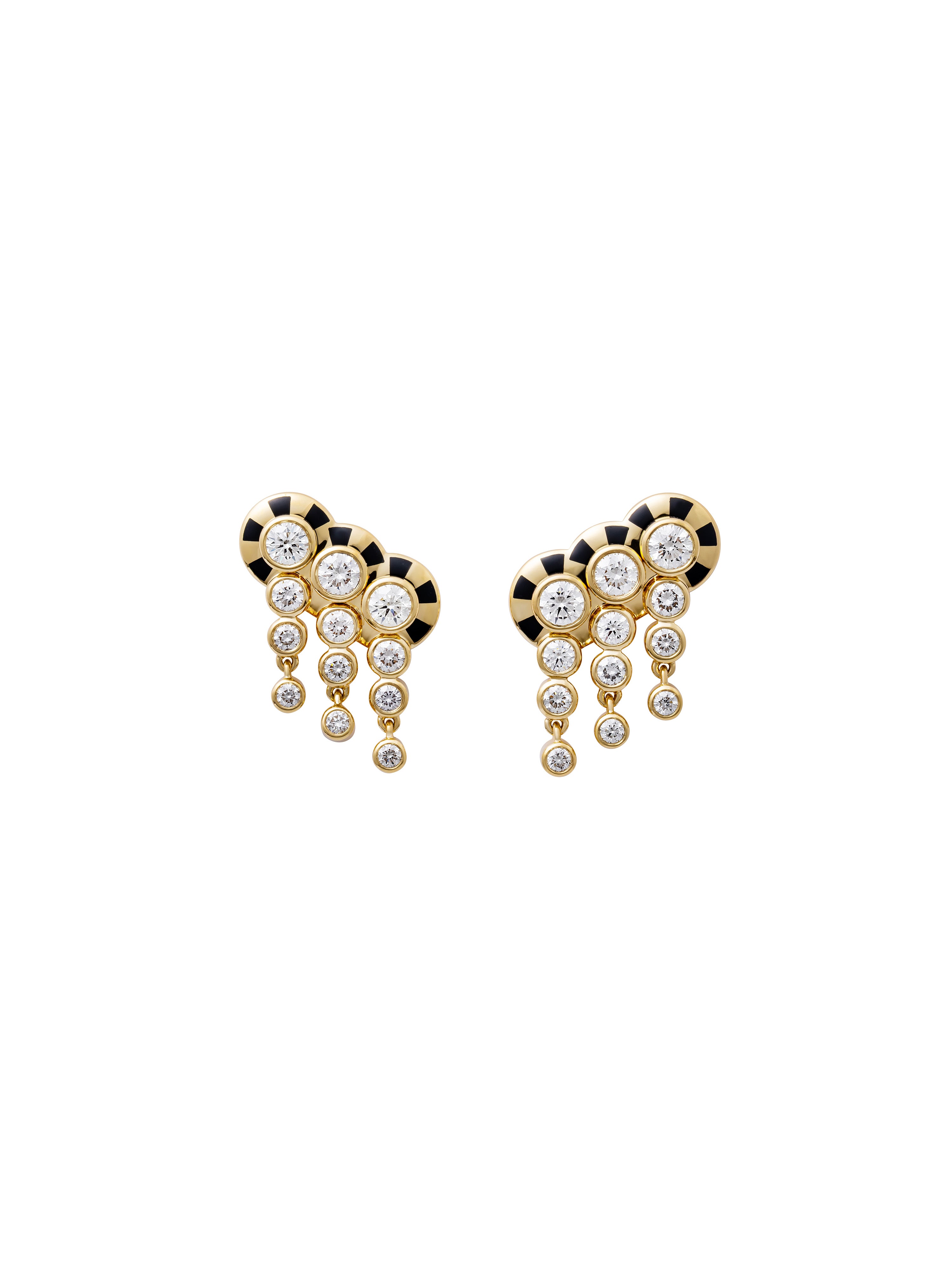 Lorenz Triplet Jet Black Fringe Earrings in 18K yellow gold with diamonds and jet black enamel, State Property Voyager collection